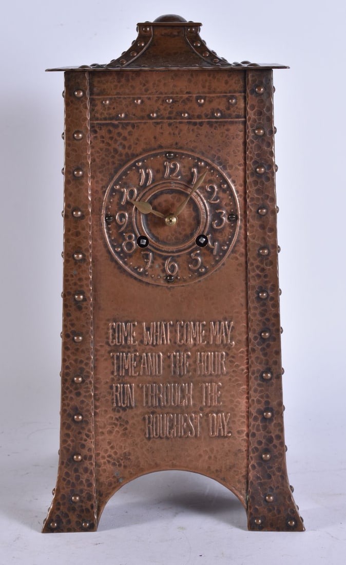 A FINE EARLY 20TH CENTURY GERMAN JUGENDSTIL COPPER MANTEL CLOCK by J Winhart & Co (Munich). 33 cm x (1 of 6)