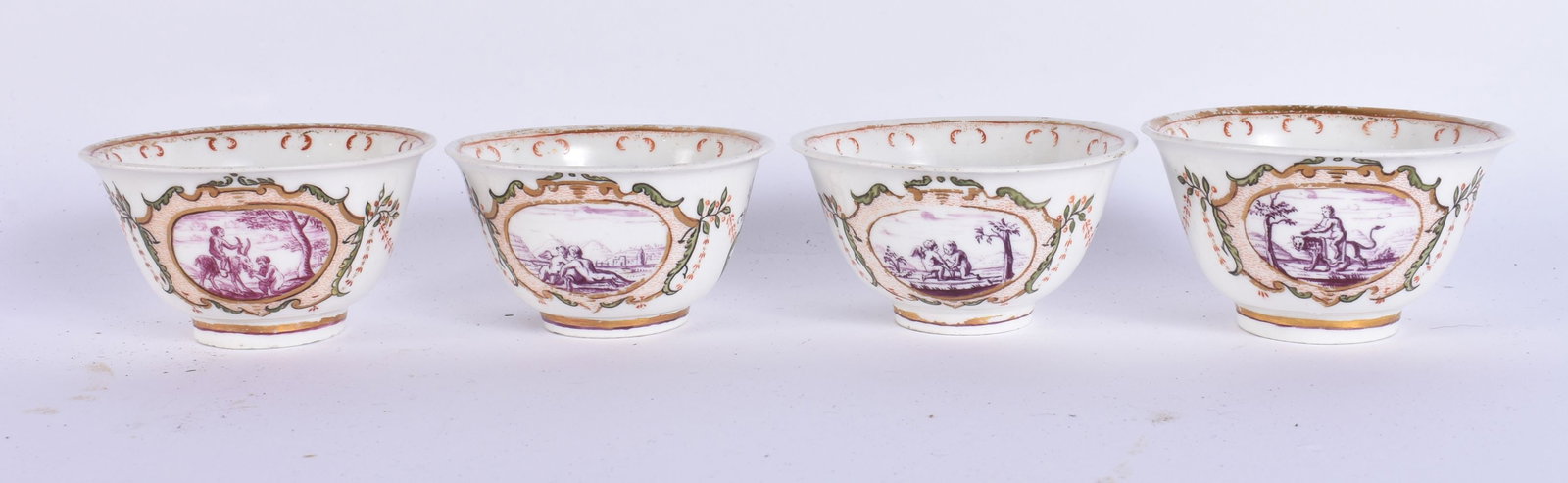 A SET OF FOUR 18TH CENTURY GERMAN PORCELAIN TEABOWLS possibly Meissen. 7.5 cm wide. (4) (1 of 6)