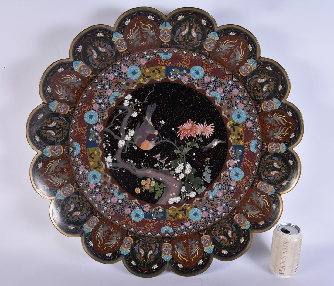 A VERY LARGE 19TH CENTURY JAPANESE MEIJI PERIOD CLOISONNE ENAMEL DISH decorated with a hawk amongst (1 of 6)