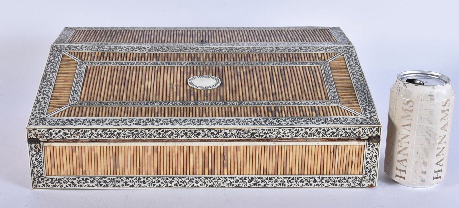 A LARGE 19TH CENTURY ANGLO INDIAN PORCUPINE QUILL DESK SLOPE CASKET decorated with foliage. 36 cm x (1 of 6)