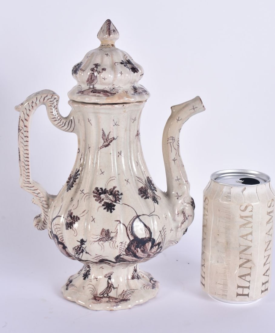 A RARE 18TH CENTURY CONTINENTAL DELFT FAIENCE COFFEE POT AND COVER painted in manganese with insects (1 of 6)