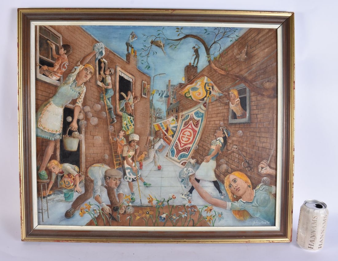 John Johnstone (Born 1941) Scottish, Oil painting, Figures cleaning. 68 cm x 56 cm, image 60 cm x 48 (1 of 8)