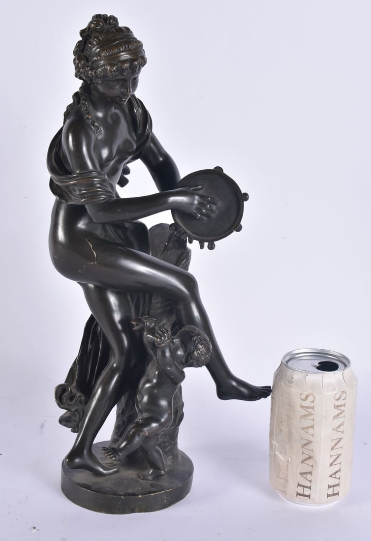 A LATE 19TH CENTURY FRENCH BRONZE FIGURE OF A FEMALE After Clodion, modelled holding a tambourine. 3 (1 of 7)