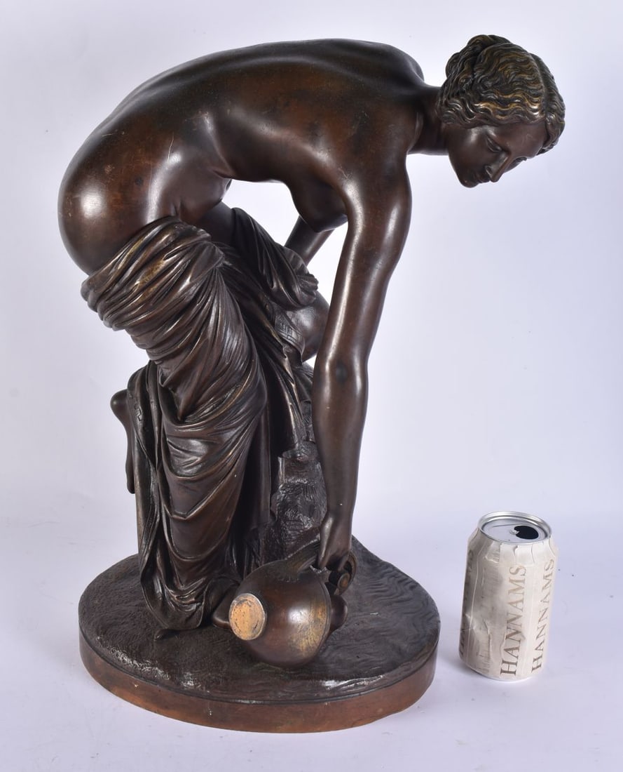 A VERY LARGE LATE 19TH CENTURY FRENCH BRONZE FIGURE OF A FEMALE After Pradier, modelled holding a ju (1 of 7)