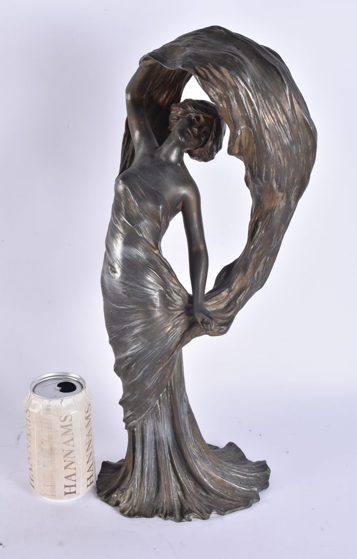 AN ART NOUVEAU SPELTER FIGURE OF A MAIDEN modelled holding aloft her dress. 45 cm high.: AN ART NOUVEAU SPELTER FIGURE OF A MAIDEN modelled holding aloft her dress. 45 cm high.