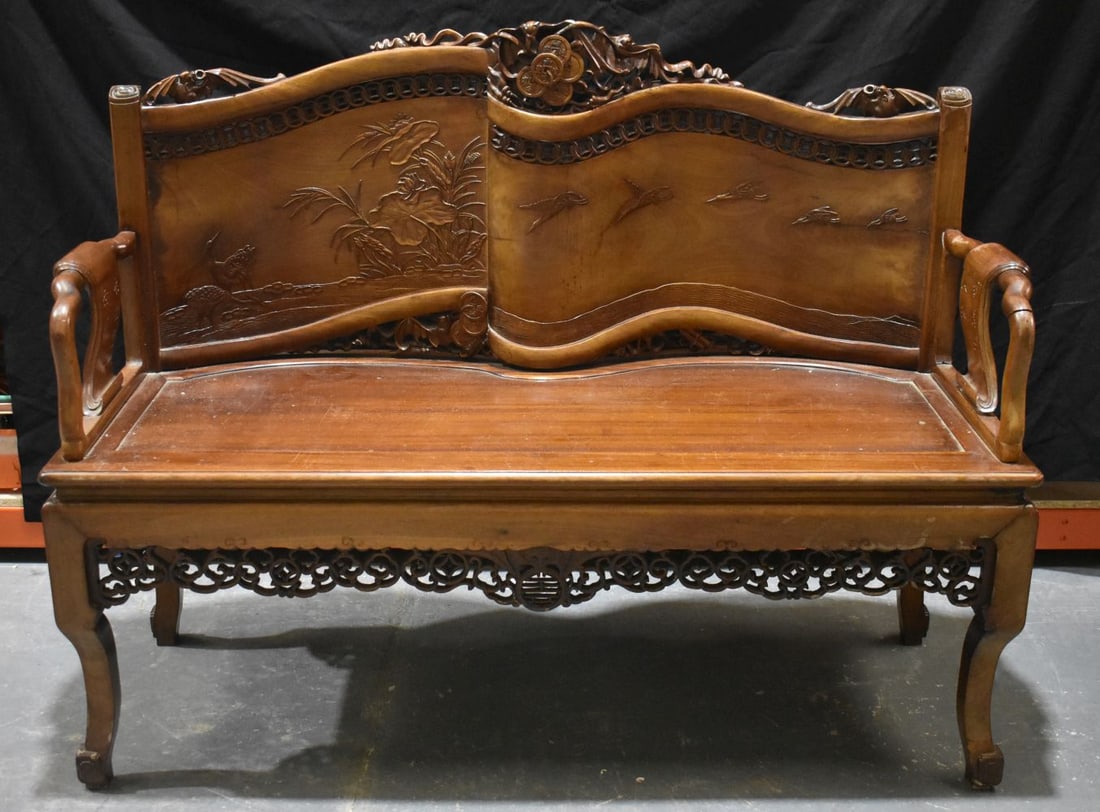 AN EARLY 20TH CENTURY CHINESE CARVED HARDWOOD BENCH Late Qing/Republic, decorated with calligraphy a (1 of 10)