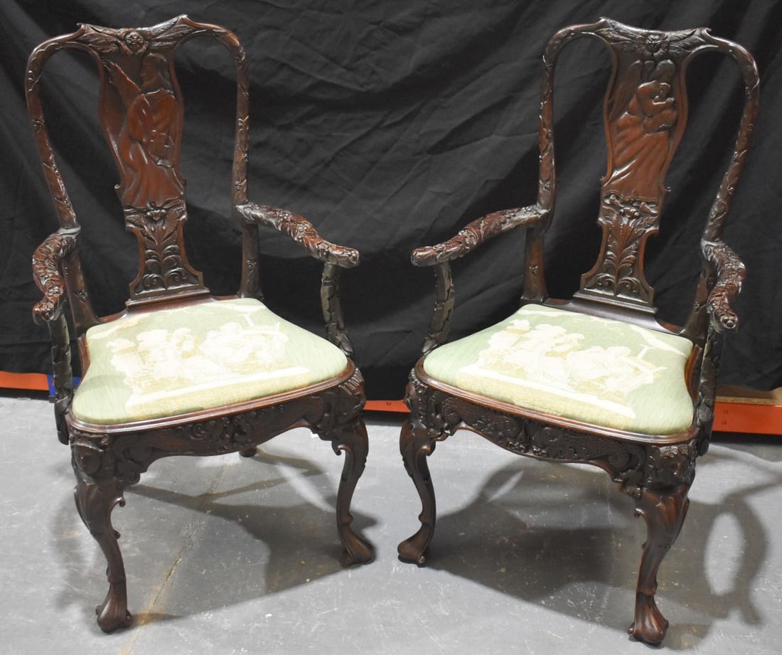 A FINE AND UNUSUAL PAIR OF 18TH/19TH CENTURY CONTINENTAL ARM CHAIRS decorated with figures, berries (1 of 10)