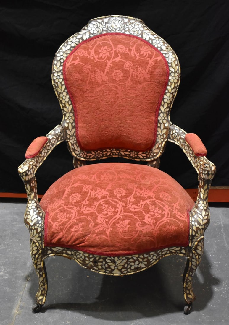 AN UNUSUAL 19TH CENTURY TURKISH OTTOMAN MOTHER OF PEARL INLAID ARMCHAIR decorated with motifs. 98 cm (1 of 7)