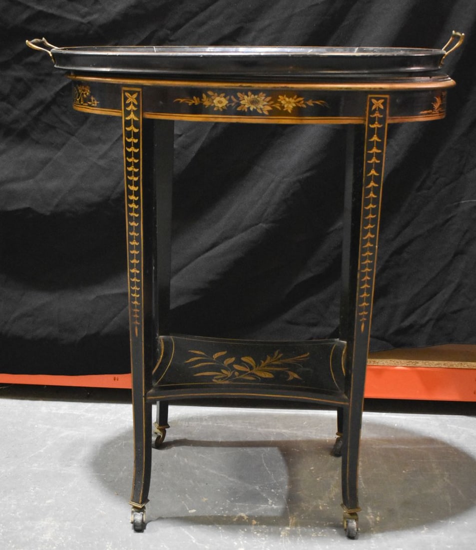 AN EDWARDIAN CHINOISERIE TRAY TABLE ON STAND decorated with figures. 80 cm x 70 cm x 38 cm. (1 of 8)