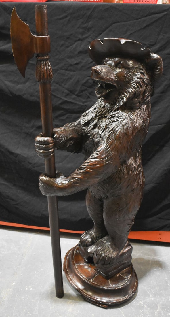 A RARE LARGE 19TH CENTURY BAVARIAN BLACK FOREST CARVED WOOD HALL BEAR modelled holding an axe. 120 c (1 of 6)