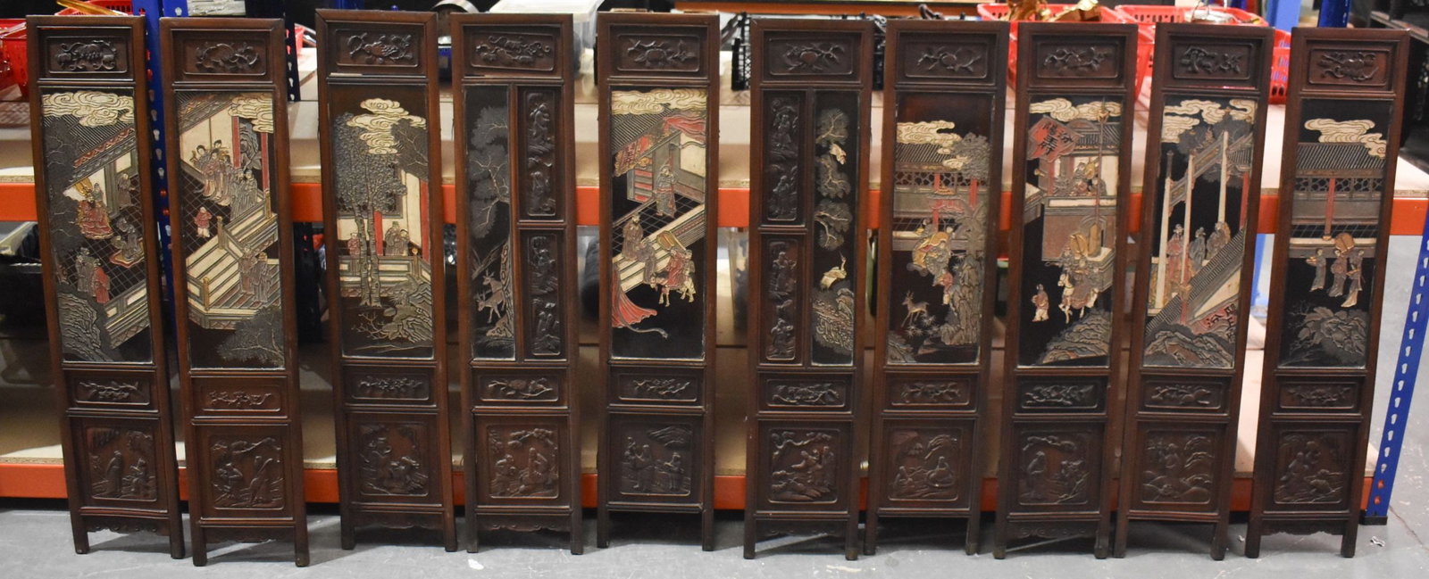A 19TH CENTURY CHINESE CARVED WOOD LACQUERED SCREEN Qing. 106 cm x 220 cm. (1 of 15)