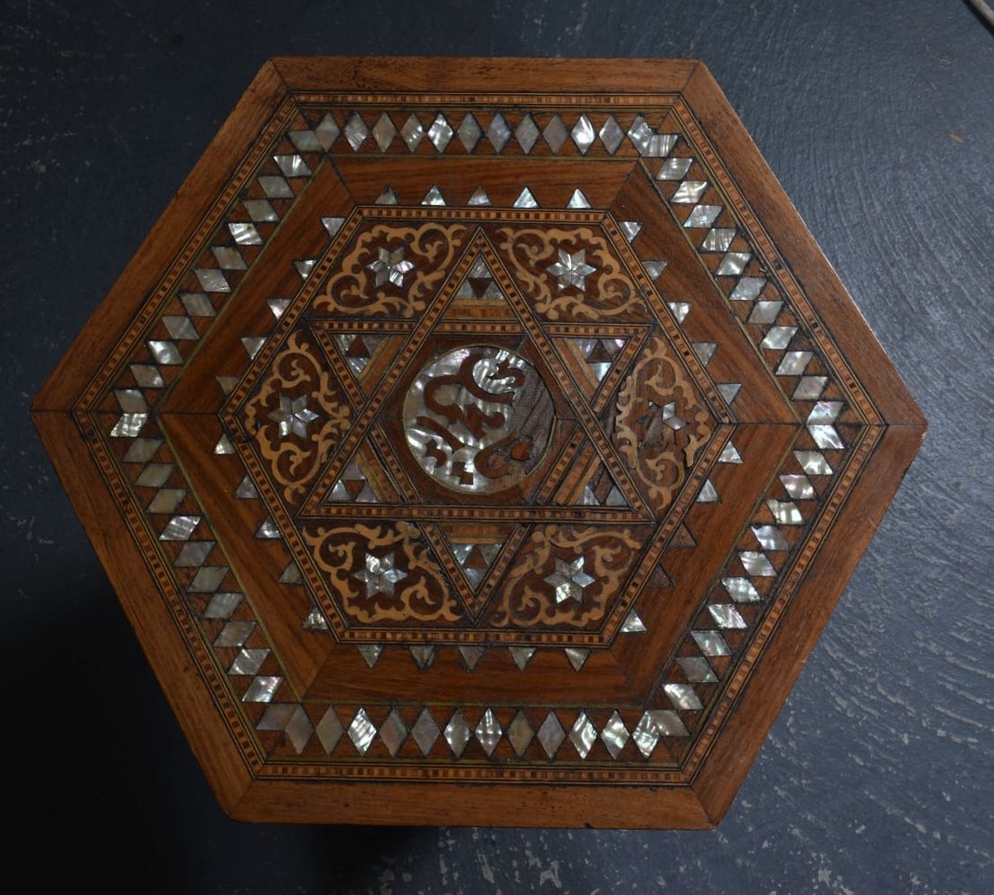 AN ANTIQUE ISLAMIC MOTHER OF PEARL INLAID WOOD TABLE. 46 cm x 38 cm. (1 of 5)