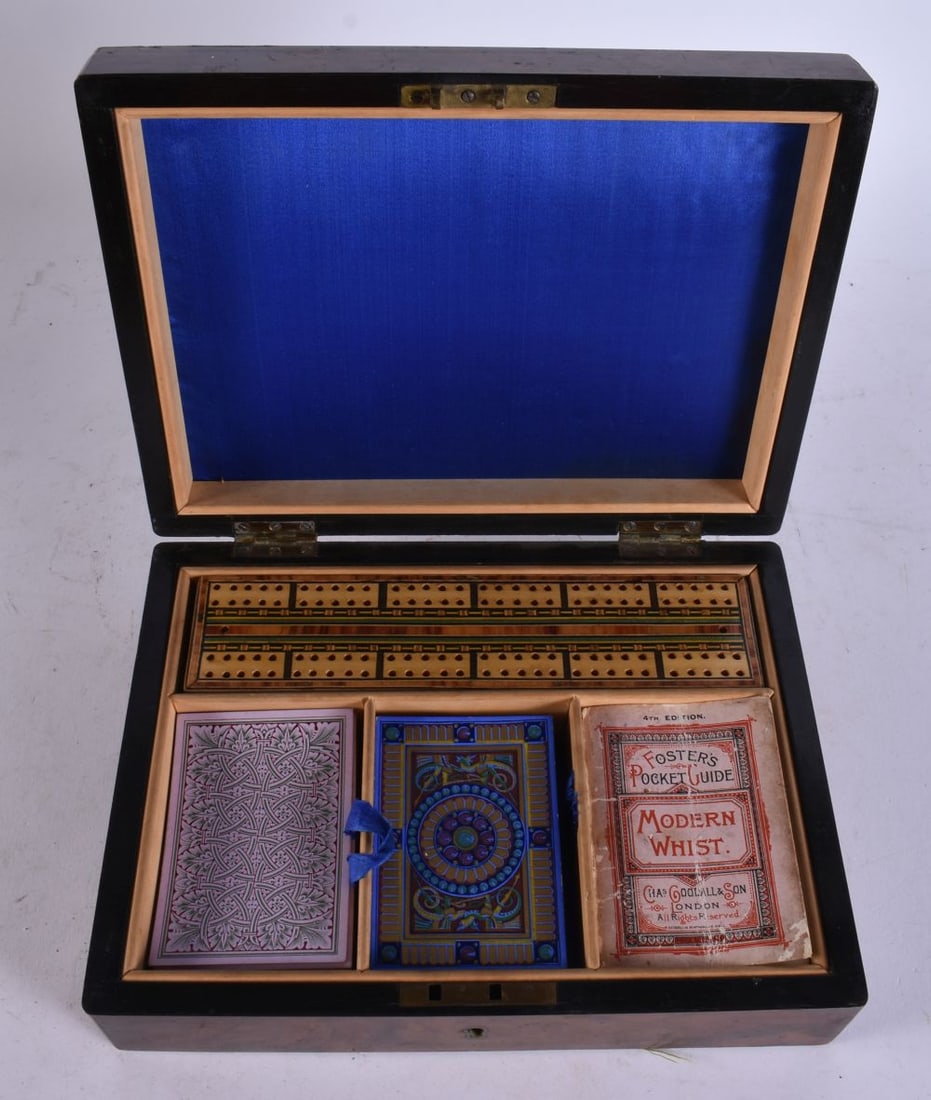 A VICTORIAN TUNBRIDGEWARE GAMING BOX with fitted interior. 24 cm x 18 cm. (1 of 2)