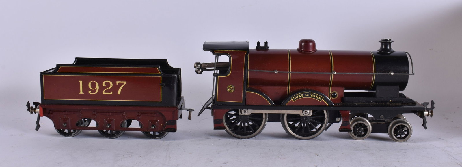 A BASSETT LOWKE DUKE OF YORK LOCOMOTIVE TRAIN AND TENDER. Locomotive 23 cm wide. (2) (1 of 4)