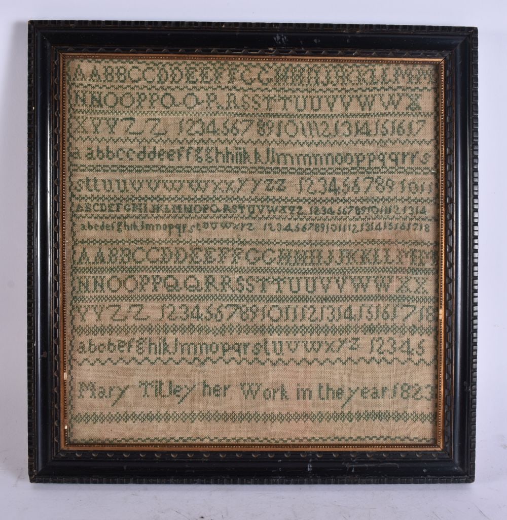 AN EARLY 19TH CENTURY ENGLISH FRAMED AND EMBROIDERED SAMPLER. 34 cm x 34 cm. (1 of 4)