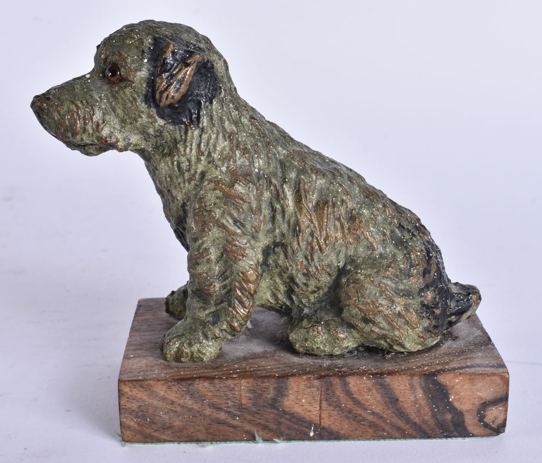 AN ANTIQUE COLD PAINTED BRONZE FIGURE OF A DOG. 12 cm x 10 cm. (1 of 5)
