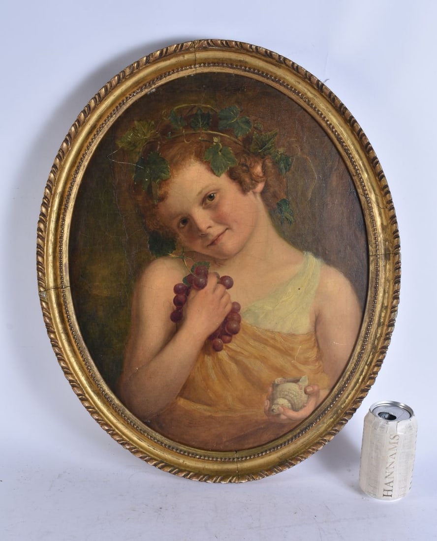 European School (19th Century) Oil on board, Figure with grapes. 55 cm x 44 cm, image 48 cm x 38 cm. (1 of 10)