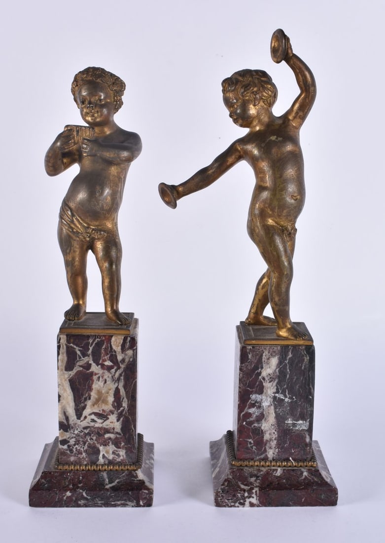 A PAIR OF 19TH CENTURY FRENCH BRONZE AND MARBLE FIGURES. 26cm high. (1 of 7)
