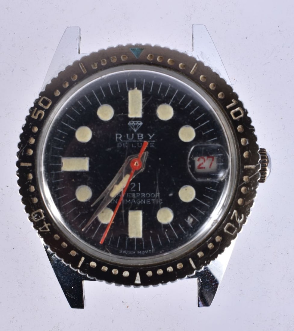 RUBY - a Vintage stainless steel De Luxe 21 mechanical Diver's wristwatch head, circa 1960s, black d (1 of 3)
