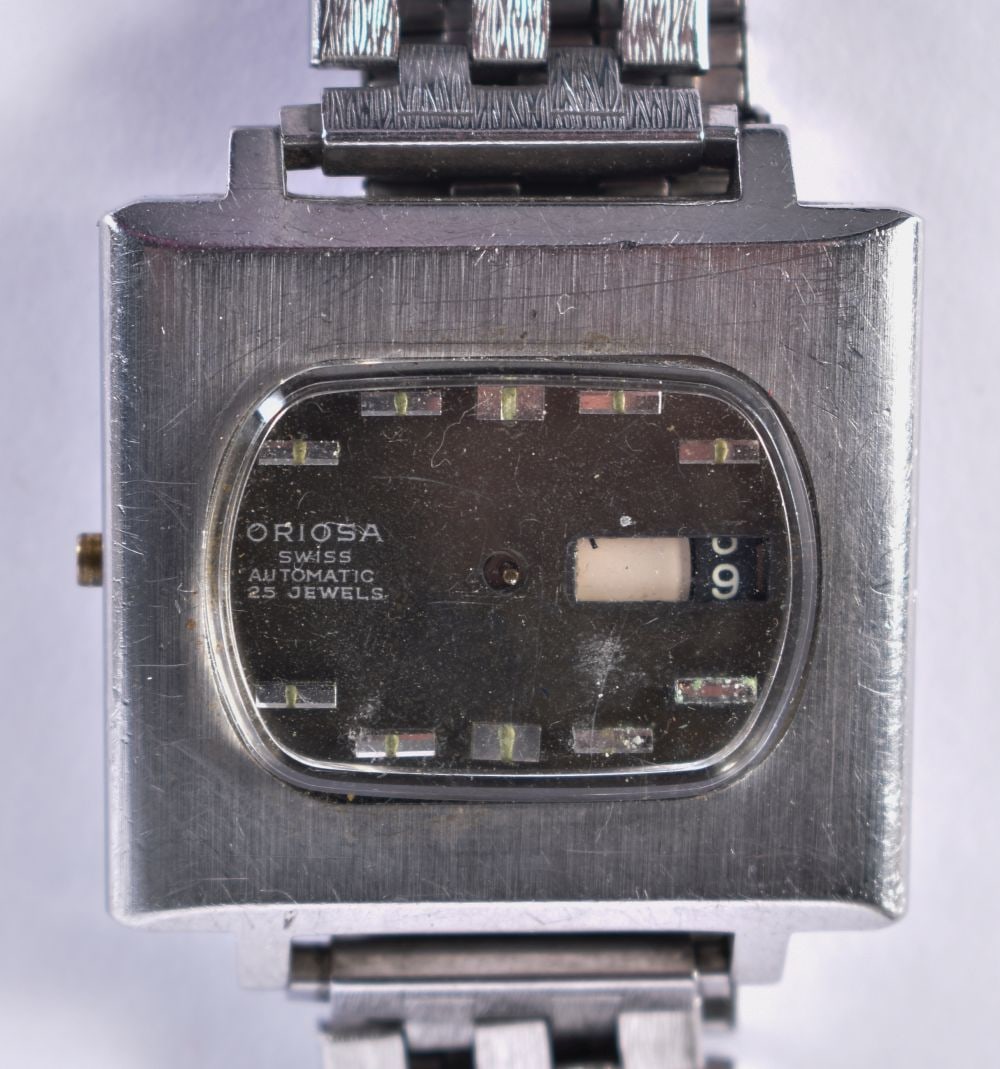 ORIOSA - a Vintage stainless steel 'TV' automatic calendar bracelet watch, circa 1970s, oval green d (1 of 4)