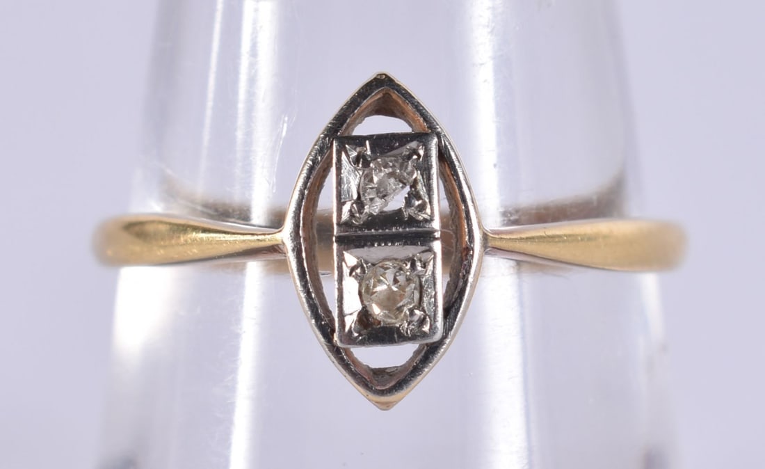 An 18ct gold two stone diamond openwork ring, the marquise panel square set with single-cut diamonds (1 of 4)