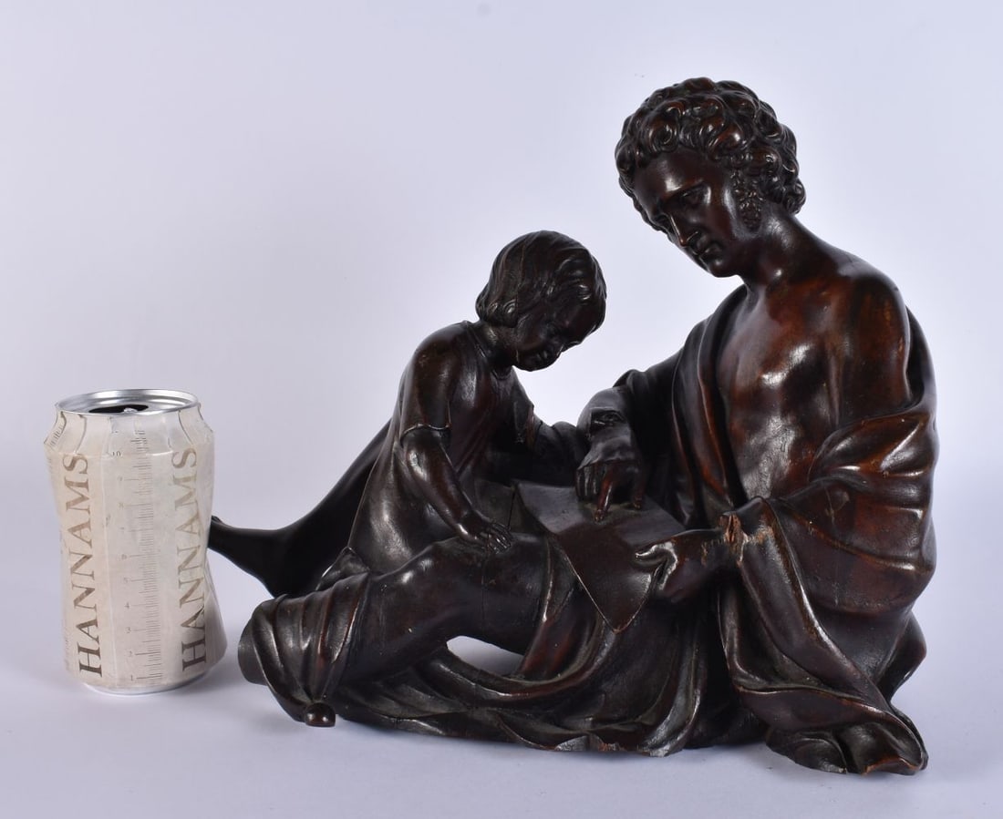 A FINE 18TH/19TH CENTURY CONTINENTAL WOOD FIGURAL GROUP modelled as a male holding a scroll. 27 cm x (1 of 8)