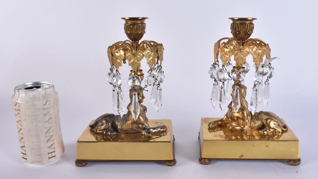 A PAIR OF LATE 19TH CENTURY FRENCH BRONZE EGYPTIAN REVIVAL TABLE LUSTRES. 22 cm high. (1 of 5)