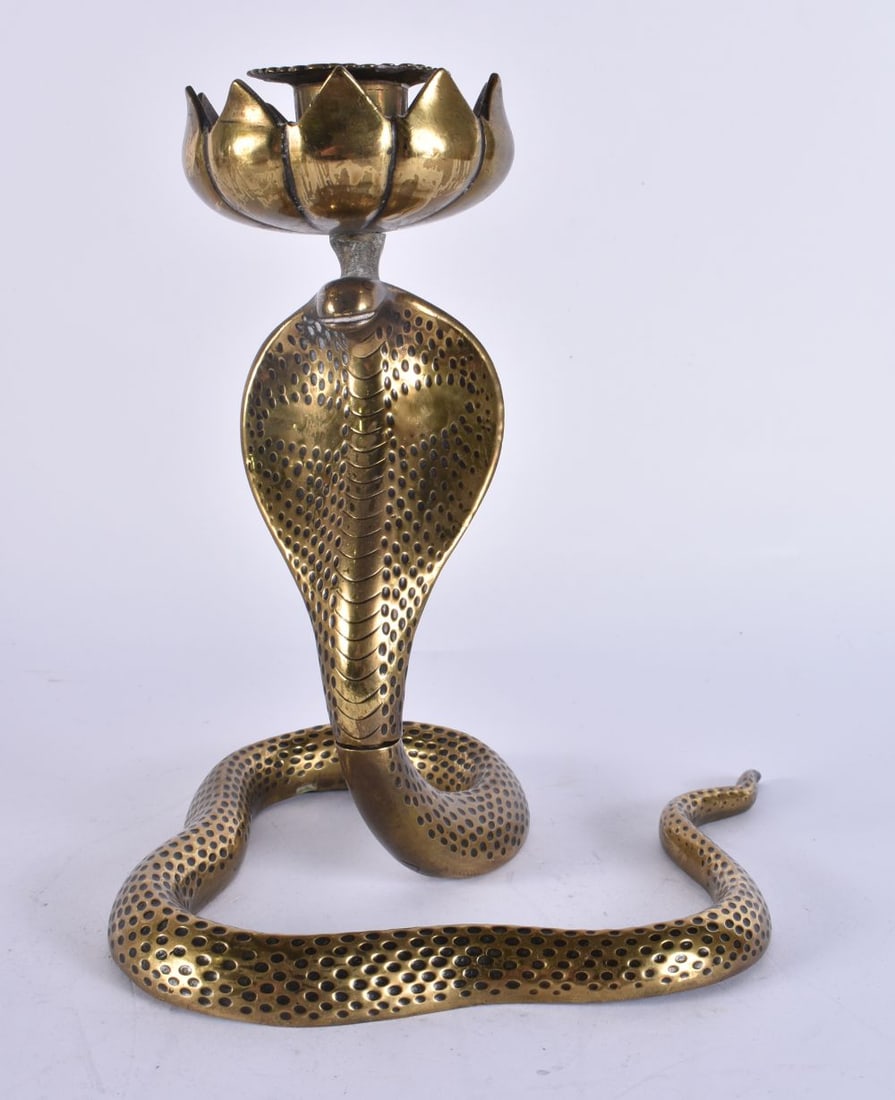 AN ANTIQUE INDIAN BRONZE COBRA CANDLESTICK. 22.5 cm high. (1 of 7)