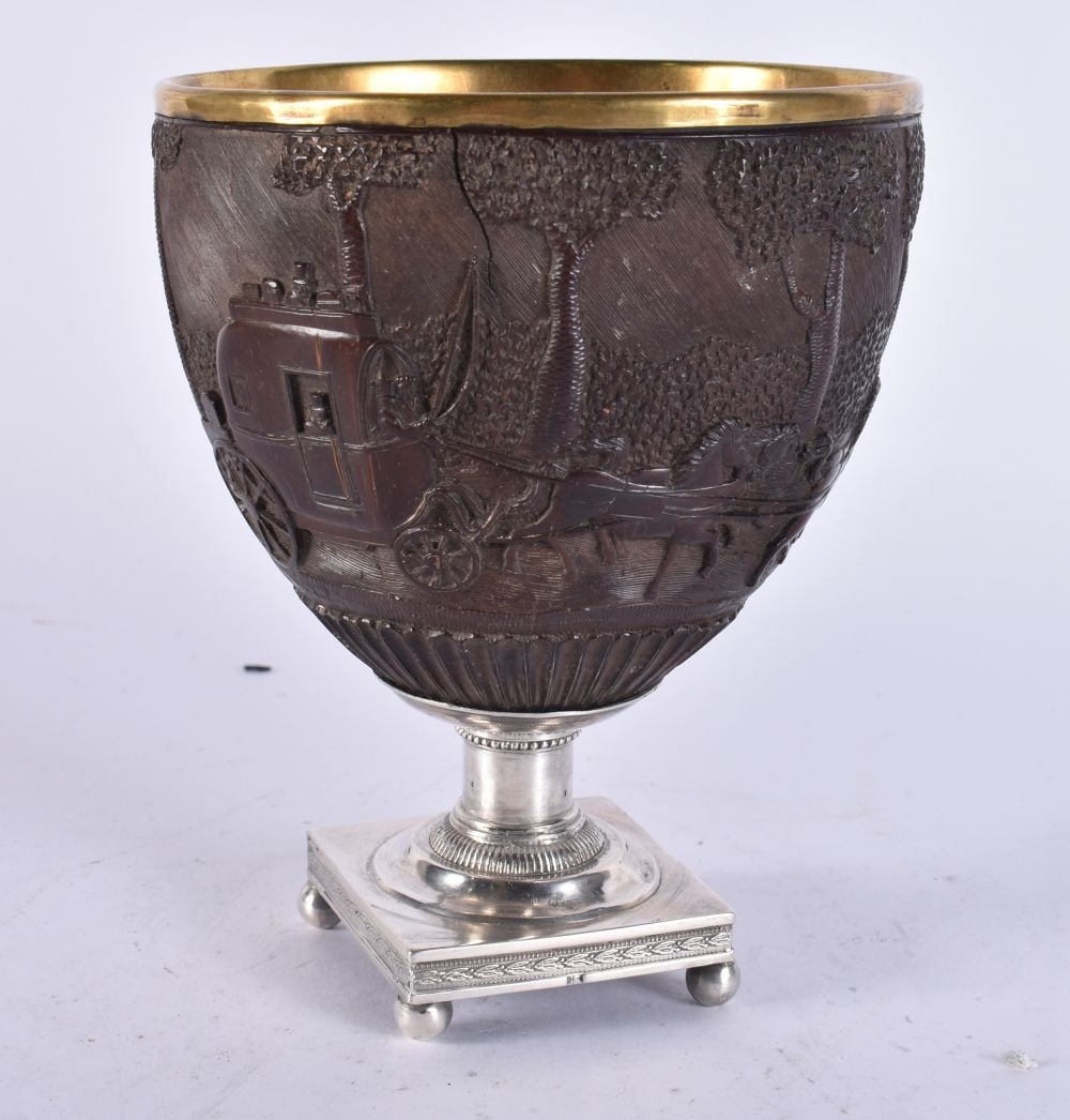 A VERY FINE 19TH CENTURY FRENCH SILVER MOUNTED COCONUT CUP beautifully carved with a horse and carri (1 of 5)
