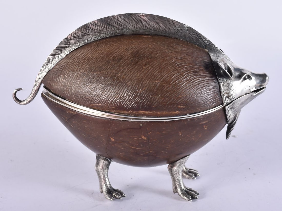A RARE 19TH CENTURY SILVER MOUNTED COCONUT BOX AND COVER formed as hedgehog. 18 cm wide. (1 of 7)