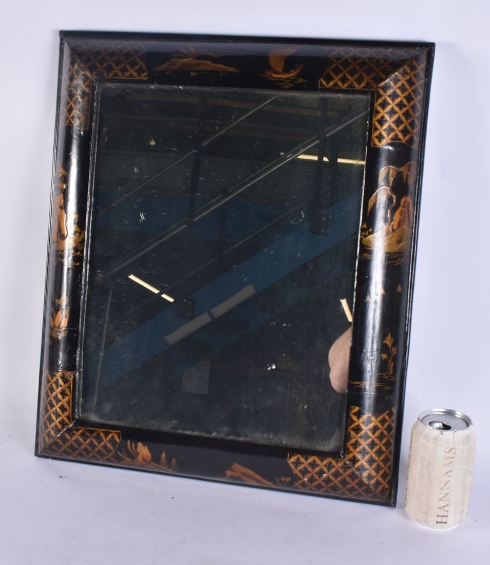 AN EARLY 18TH CENTURY ENGLISH CHINOISERIE COUNTRY HOUSE MIRROR painted and lacquered with landscapes (1 of 6)