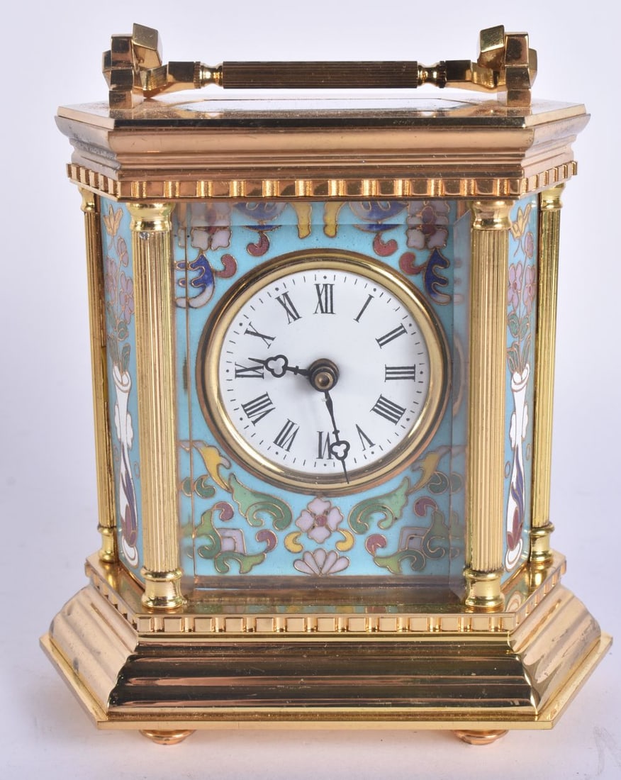 A CLOISONNE ENAMEL INSET BRASS CARRIAGE CLOCK. 15 cm high inc handle. (1 of 7)