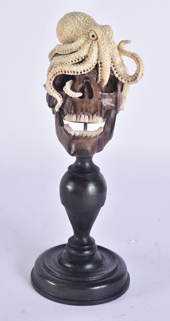 A MEMENTO MORI CARVED WOOD AND ANTLER HORN SKULL. 26.5 cm high. (1 of 6)