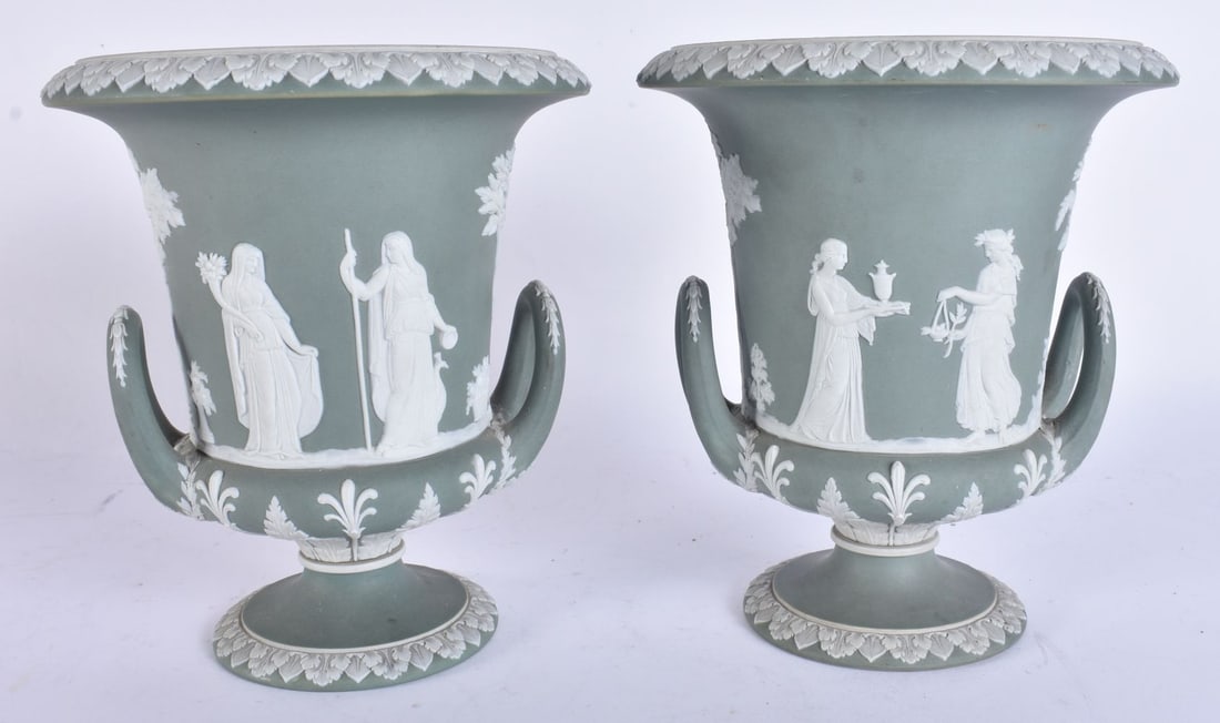 A PAIR OF ANTIQUE WEDGWOOD GREEN JASPERWARE VASES decorated with classical figures. 18 cm x 14 cm. (1 of 7)