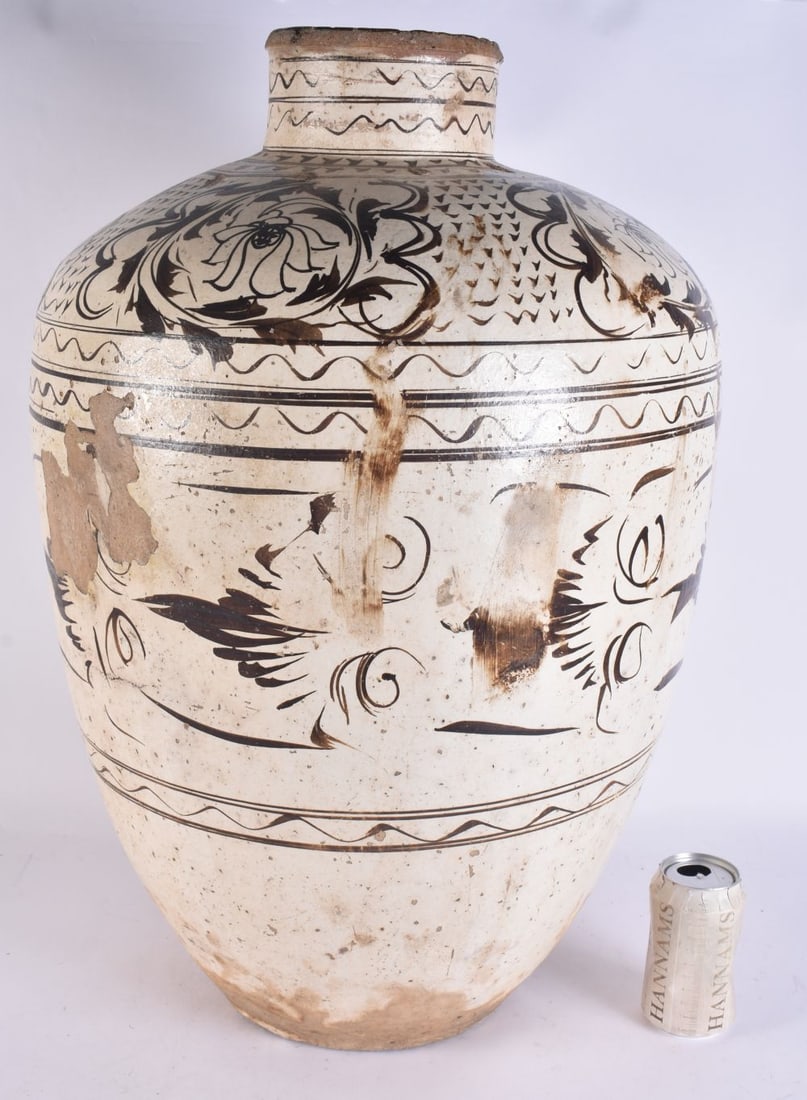 A LARGE CHINESE QING DYNASTY CHIZOU POTTERY FLOOR VASE painted with flowers. 68 cm x 42 cm. (1 of 5)