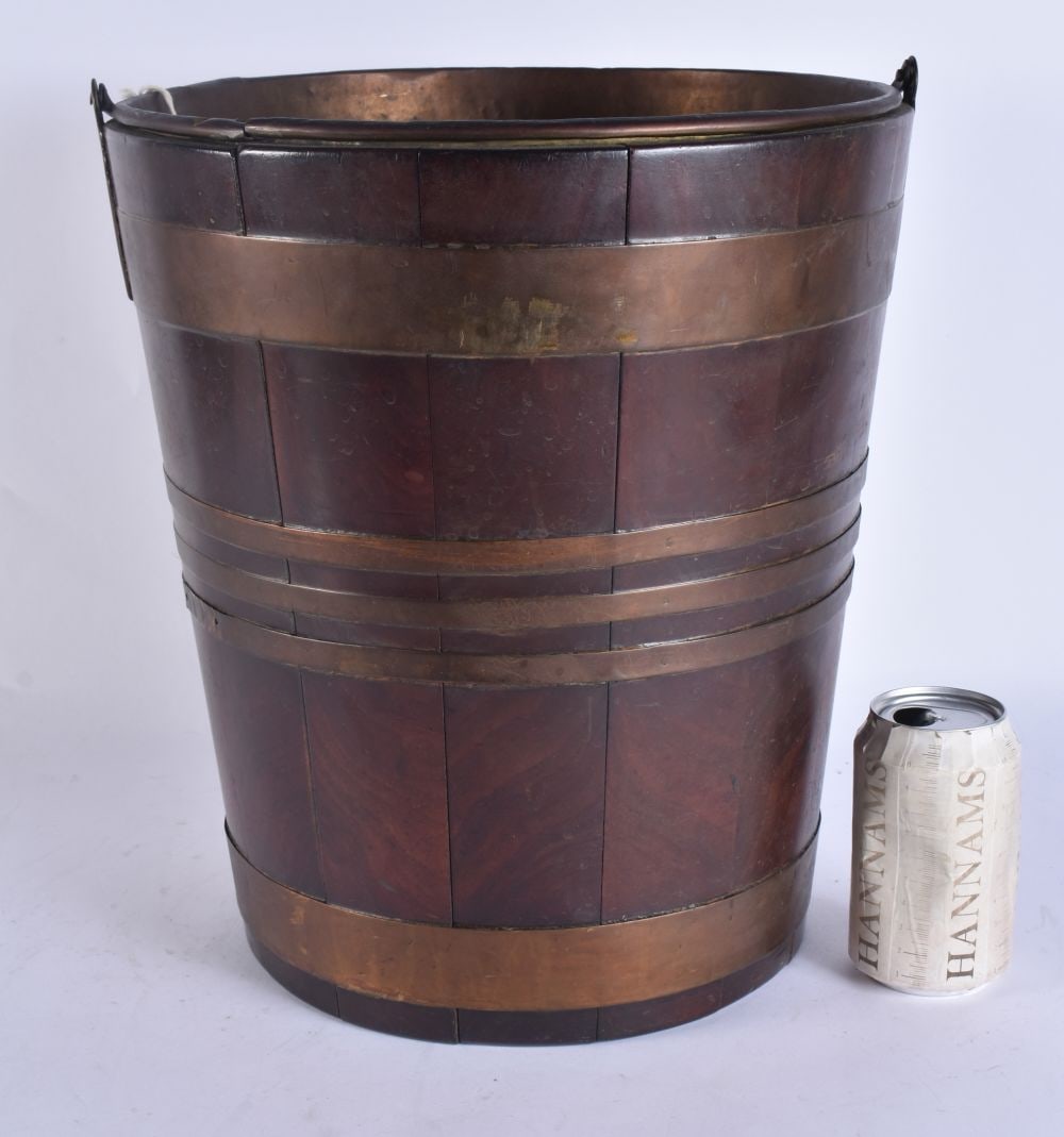 A GEORGE III BRASS BOUND BUCKET. 50 cm high inc handle. (1 of 5)