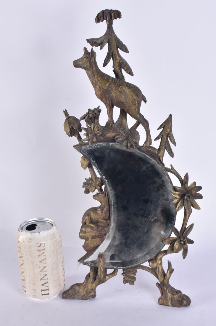 AN ANTIQUE BAVARIAN GILT PAINTED WOOD BLACK FOREST MIRROR. 40 cm x 15 cm. (1 of 4)