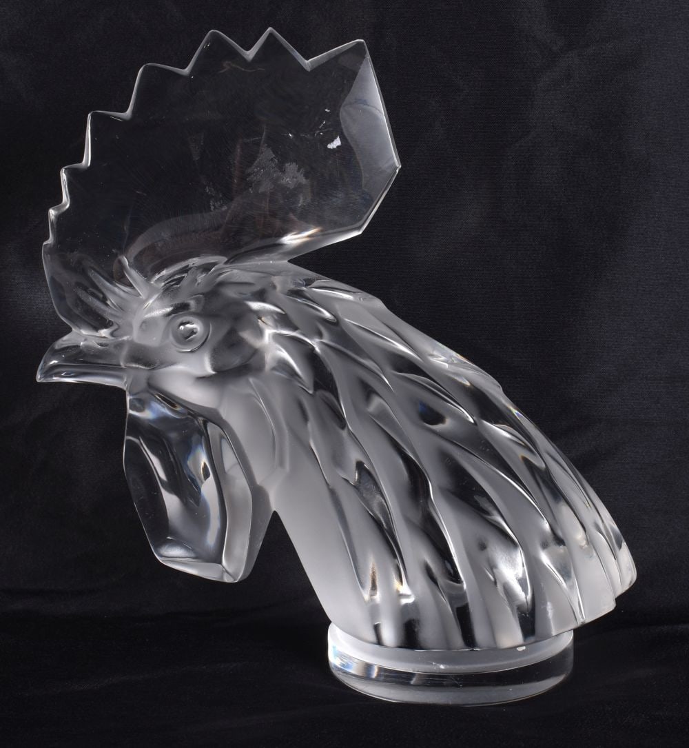A FRENCH LALIQUE GLASS COCKERELL CAR MASCOT. 18 cm x 15 cm. (1 of 6)