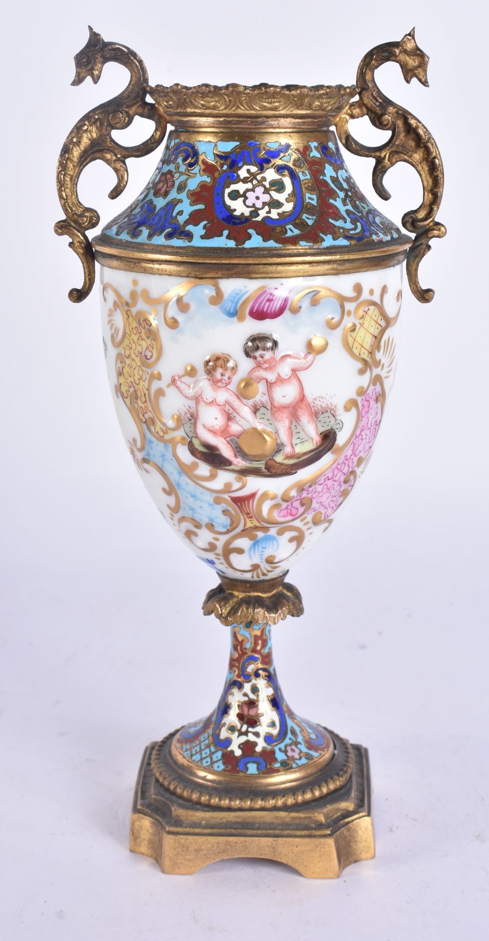 A LATE 19TH CENTURY CONTINENTAL CHAMPLEVE ENAMEL AND PORCELAIN VASE. 19 cm high. (1 of 5)