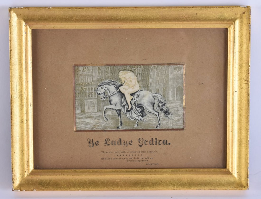 A RARE VICTORIAN 'LADY GODIVA' SILK STEVENGRAPH. 21.5 cm x 16.5 cm. (1 of 3)