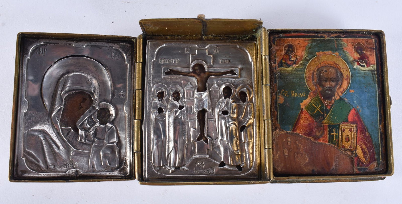 A FINE 19TH CENTURY RUSSIAN SILVER MOUNTED BRONZE TRIPTYCH ICON. 257 grams. 18 cm wide extended. (1 of 10)