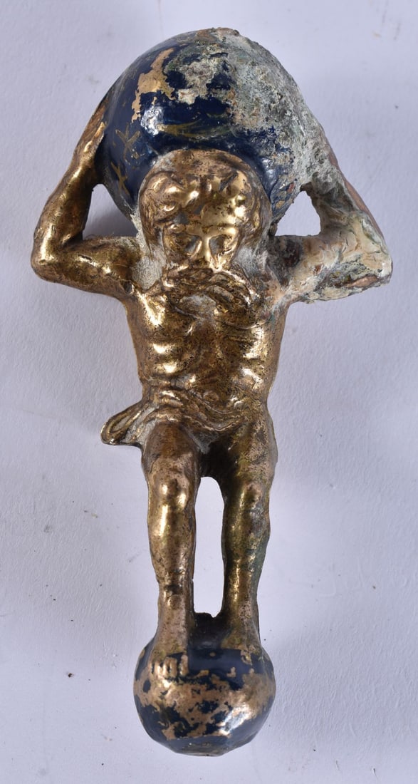 AN ANTIQUE GILT BRONZE AND ENAMEL FIGURE OF ATLAS. 314 grams. 11.25 cm x 5.75 cm. (1 of 6)