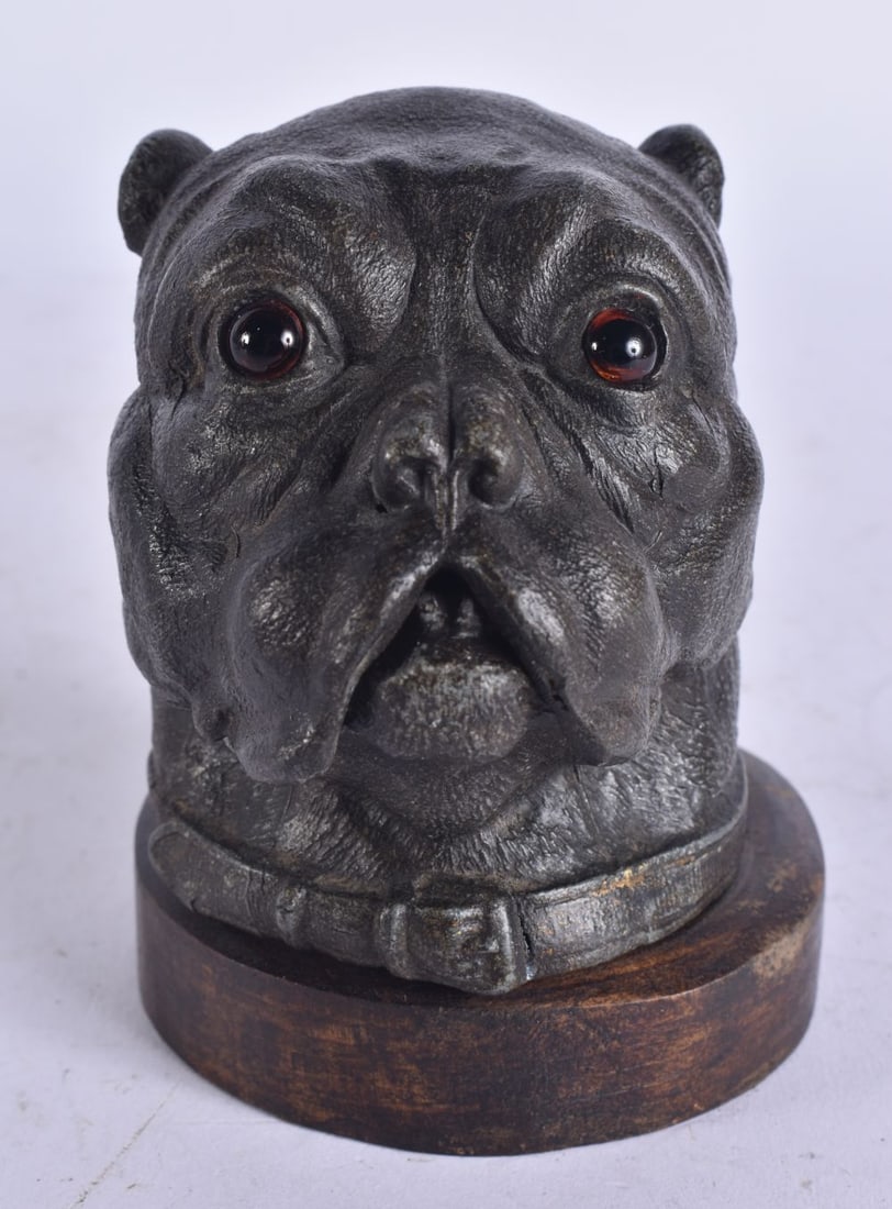 AN ANTIQUE SPELTER GLASS EYED DOG HEAD INKWELL. 10 cm x 5 cm. (1 of 6)