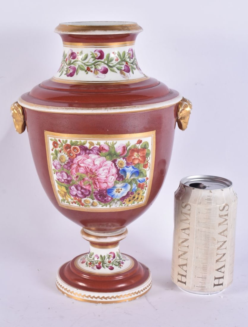 A LARGE EARLY 19TH CENTURY ENGLISH PORCELAIN VASE painted with a still life. 28cm high. (1 of 5)