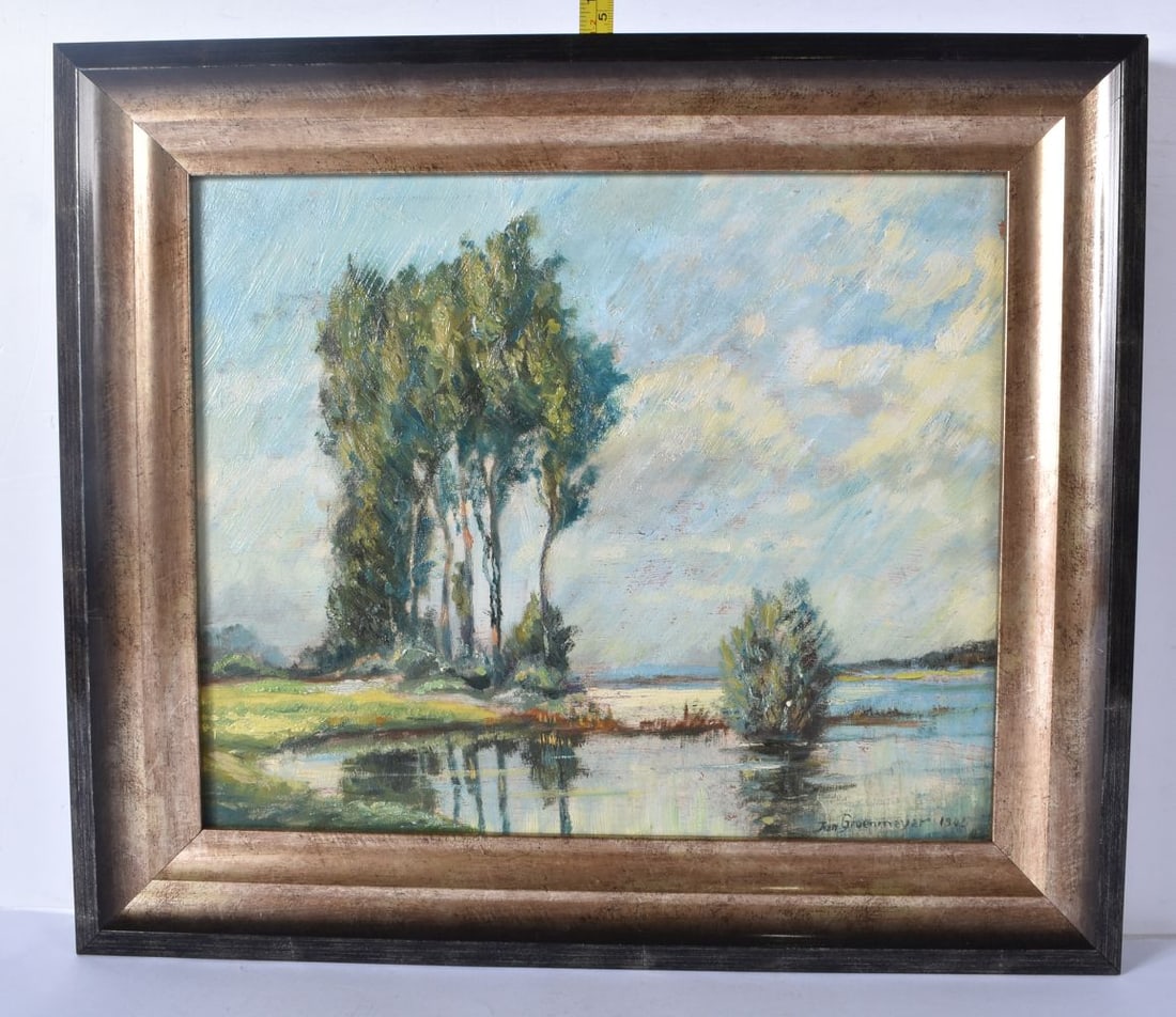 Jan Groenmeyer artist (20th Century) Framed oil on board of lakeside signed and dated 1945 24 x 28.5 (1 of 3)