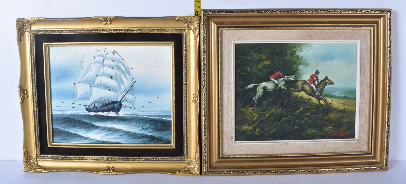 A small framed oil on board of a sailing boat by F Wells together with a framed oil on board hunting (1 of 5)