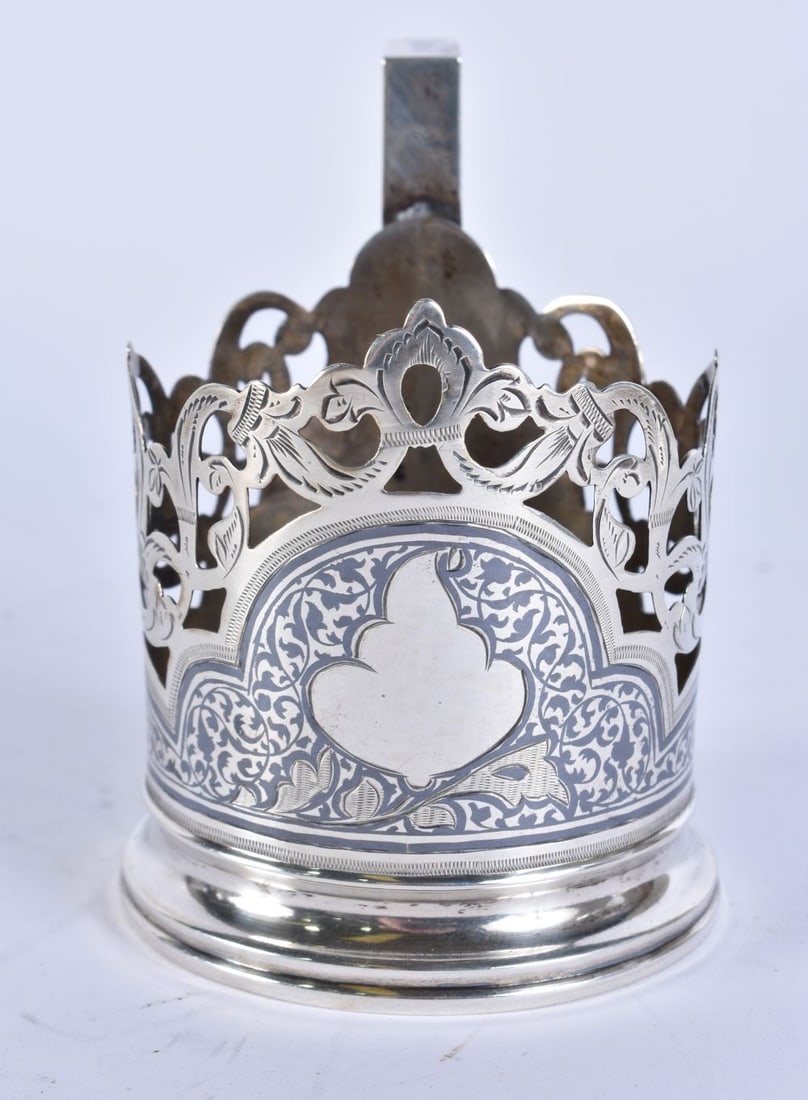 AN ANTIQUE RUSSIAN SILVER NIELLO CUP HOLDER. 87 grams. 9.75 cm wide. (1 of 6)