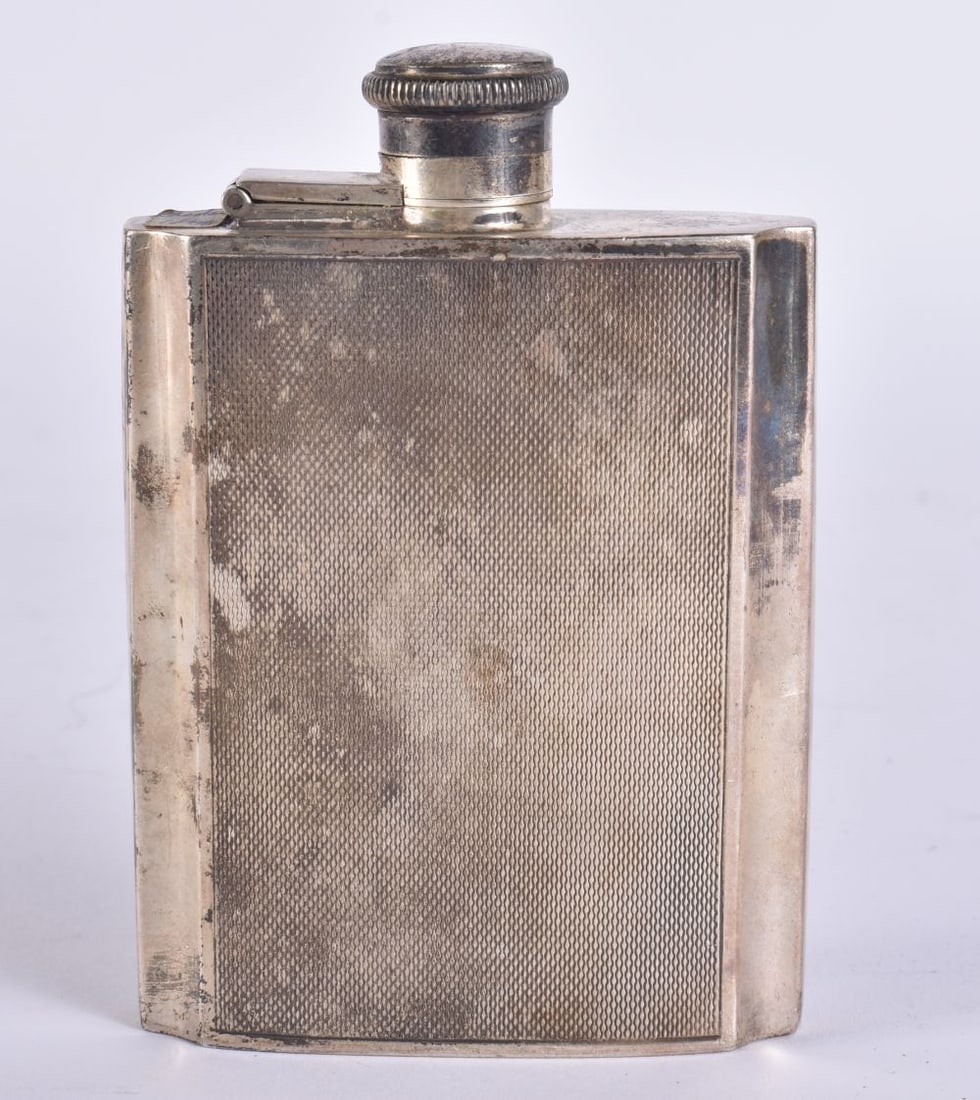 A SILVER HIP FLASK. 142 grams. 11.5 cm x 8.5 cm. (1 of 5)