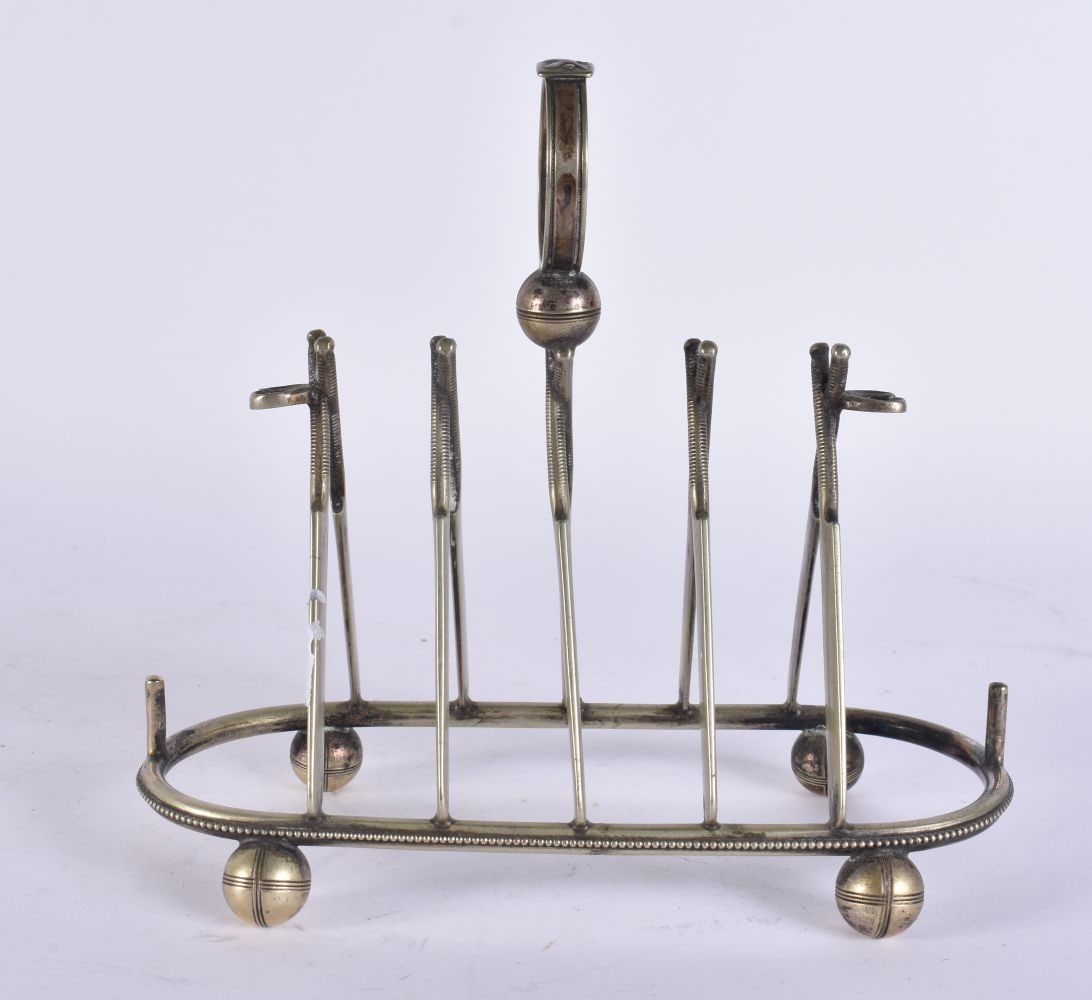 AN ANTIQUE SILVER PLATED CRICKET BAT TOAST RACK. 17 cm x 15 cm. (1 of 6)