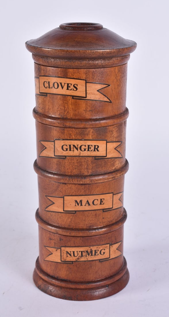 A TREEN CARVED WOOD SPICE TOWER. 20 cm high. (1 of 4)